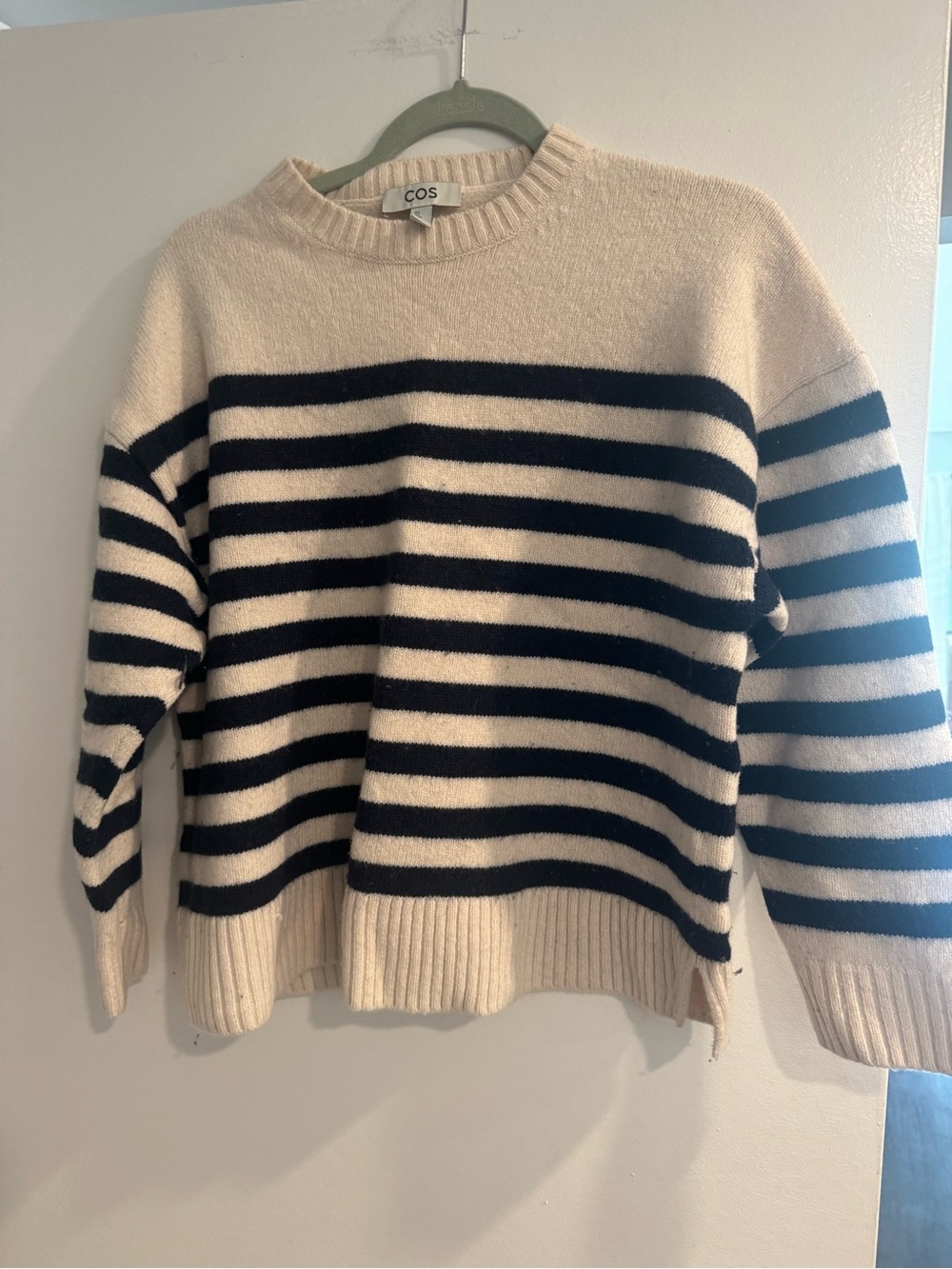 COS Cream Black Striped Crewneck Sweater Small Cotton Knit Minimalist